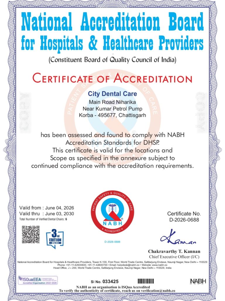 भारत सरकार द्वारा स्थापित Quality Council of India (QCI) के अंतर्गत NABH मान्यता प्राप्त करने वाला City Dental Care बना कोरबा का गौरव IMG 20260710 153550